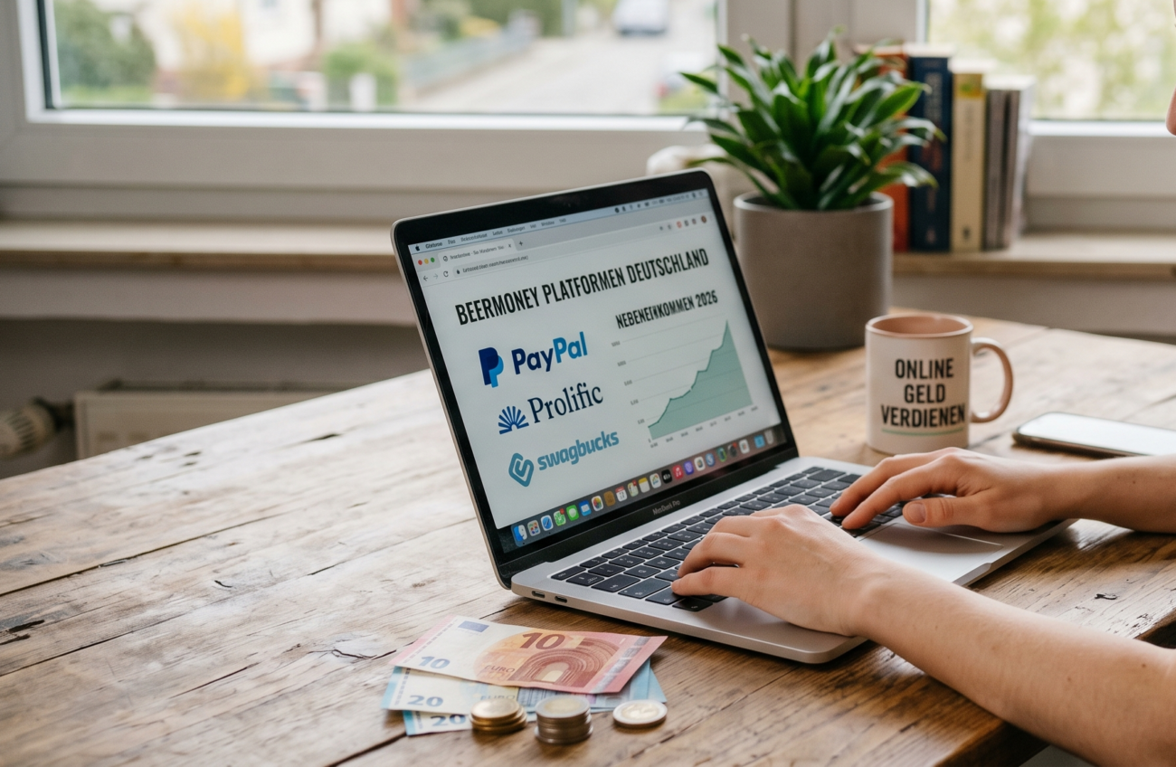 Nahaufnahme von Händen an der Tastatur eines Laptops auf dem Beermoney Plattformen Deutschland und Logos von PayPal, Prolific und Swagbucks zu sehen sind, daneben liegen Euro-Geldscheine und Münzen