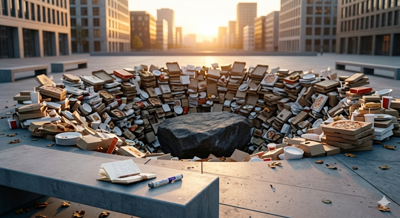 Ein moderner Stadtplatz bei Sonnenuntergang mit einer tiefen Grube die von unzähligen Pizzakartons und Essensbehältern umringt ist. In der Mitte des Abgrunds liegt ein massiver schwarzer Stein als Symbol für die Depression. Im Vordergrund auf einer grauen Betonbank liegen ein aufgeschlagenes Tagebuch und ein Injektionspen für Medikamente.