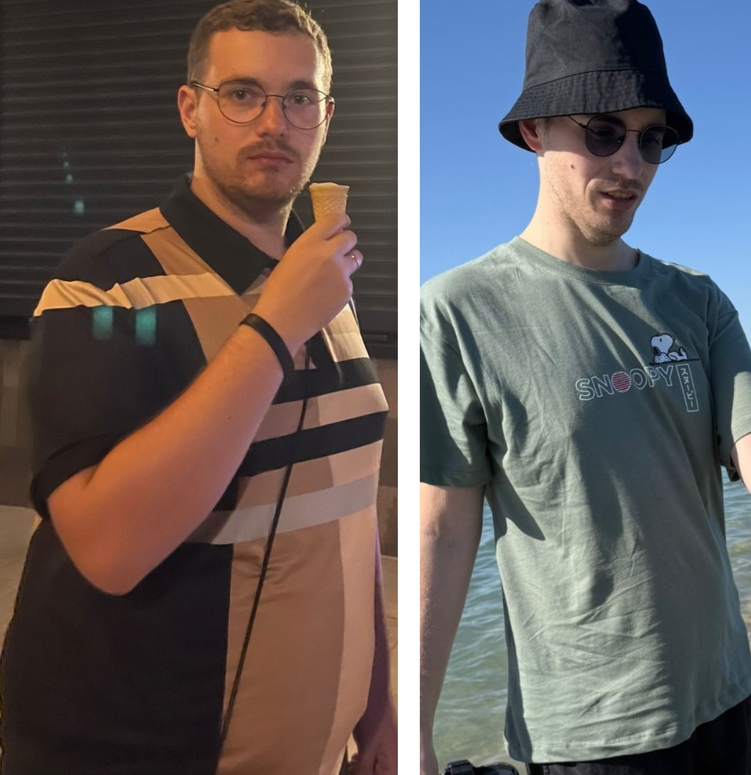 Direkter Vorher Nachher Vergleich eines Mannes nach 60 kg Gewichtsverlust. Links vor der Abnahme mit Brille und einem Eis in der Hand, rechts schlank mit Sonnenbrille und Fischerhut am Wasser.